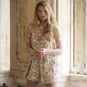 NWOT Free People Chiara Playsuit Floral Embroidered Romper Gold Ivory Size M